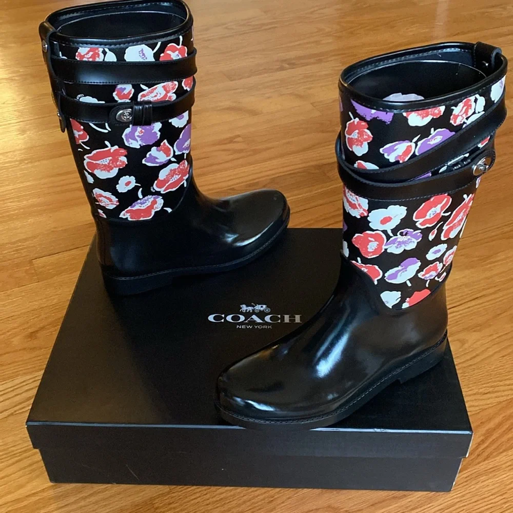 BNWT Coach Black Rain Boots with Red, Purple & White Floral Print - Picture 2 of 16